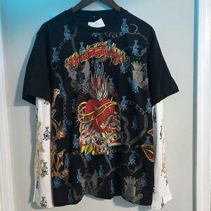 Christian Audigier XL Long Sleeve Shirt Black Tattoo Graphic Foil Heart NWT